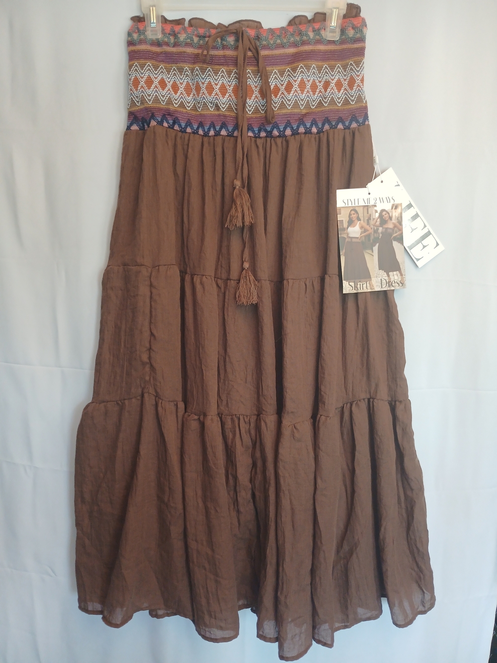 LIFE Brown Boho Tiered Embroidered Skirt Dress L - Wear As Skirt OR Dress New!